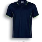 A navy blue polo shirt featuring lime green trim on the collar, sleeves, and side seams. The shirt has a button-up neckline. Text below reads Navy / Lime.