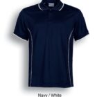 A navy polo shirt with white accents on the collar and sleeve edges. The shirt features subtle white stitching along the sides. The label at the collar is visible. The text below reads Navy / White.