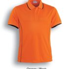 Orange polo shirt with a collar, featuring black piping along the sleeves and side seams. The tag at the neckline is visible. Text reading Orange / Black is below the shirt.