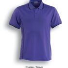 A purple polo shirt with a classic collar and short sleeves. The sleeves and collar have navy trim. The shirt is displayed against a plain white background.