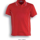 Red short-sleeve polo shirt with white piping along the sleeves and sides. Collar, placket, and hem have a simple design. The label is visible inside the collar. White background with the text Red / White underneath the shirt.
