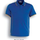Blue polo shirt with gold trim on the collar and sleeves. White text beneath reads Royal / Gold.