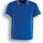 Blue polo shirt with white trim on the collar and sleeves. The shirt features a button-up neckline and white piping along the sides. Text below reads Royal / White.