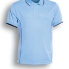Light blue polo shirt with a navy blue collar and trim, displayed against a plain background. The text below reads Sky Blue / Navy.