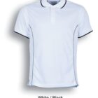 White polo shirt with black trim on the collar and sleeves. It features black piping along the sides and a button-up neckline. Labeled White / Black at the bottom.
