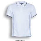 A white polo shirt with navy piping details on the sleeves, collar, and seams. The shirt has a buttoned placket and is displayed against a white background. Text below reads White / Navy.