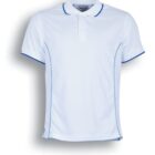 A plain white short-sleeve polo shirt with blue trim on the collar, sleeves, and side seams. The shirt has a subtle, curved stitch design on the front. Displayed against a plain white background. Text below reads White/Royal.