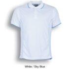 A short-sleeved polo shirt in white with sky blue accents along the collar, sleeves, and side seams. The shirt features a buttoned placket and is displayed against a plain white background. Text below reads, White / Sky Blue.