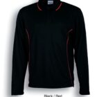 A black long-sleeve polo shirt with a collar and red piping along the shoulders and side seams. The shirt has a small button placket. The text below reads Black / Red.