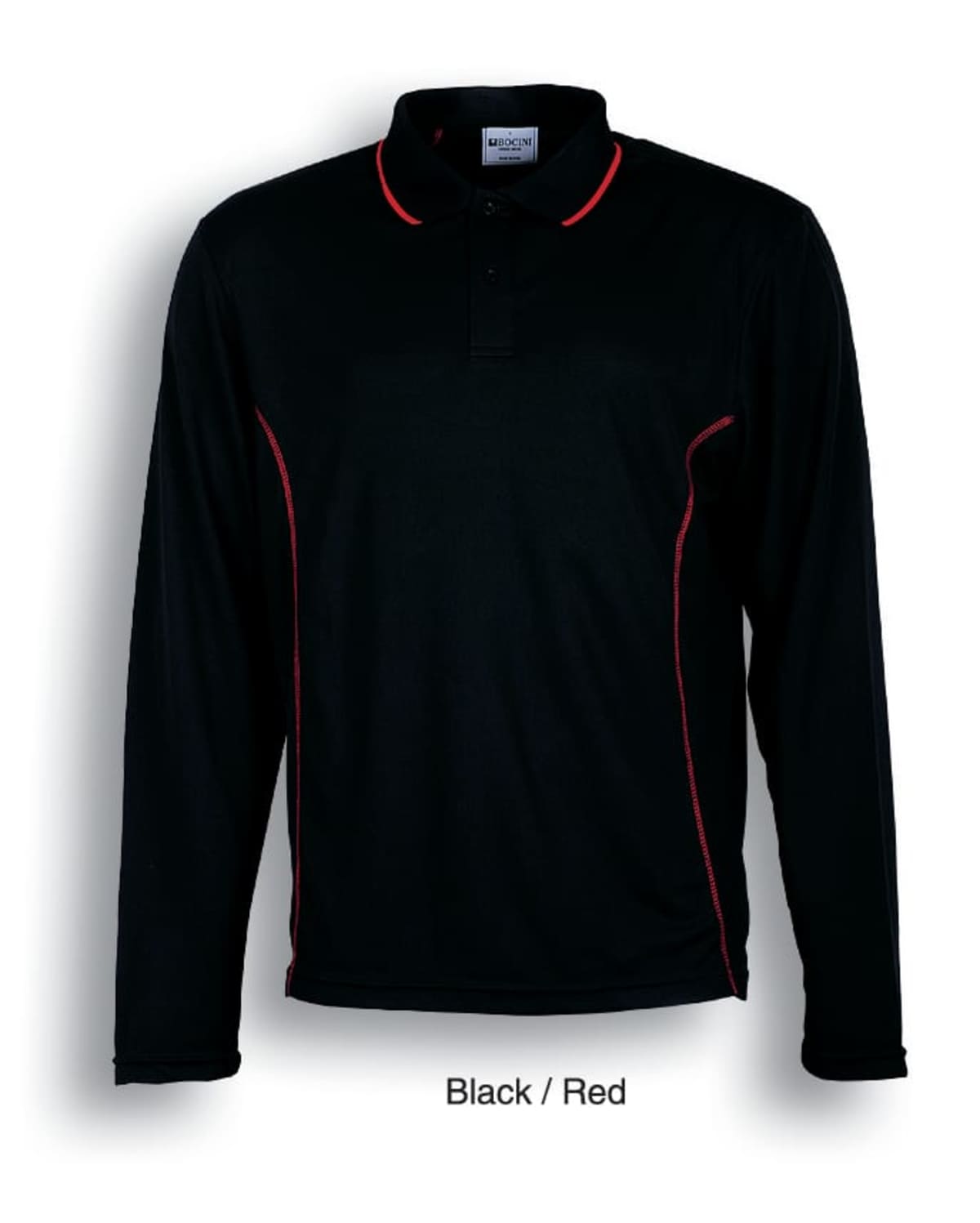 A black long-sleeve polo shirt with a collar and red piping along the shoulders and side seams. The shirt has a small button placket. The text below reads Black / Red.