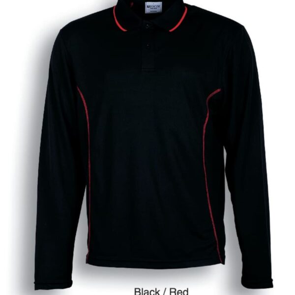 A black long-sleeve polo shirt with red piping along the shoulders, collar, and sides. The shirt has a three-button placket and a small label inside the collar. Text below reads Black / Red.