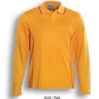 A long-sleeved polo shirt in a gold color with red piping along the shoulders and sides. It features a collar and a three-button placket. The background is white.