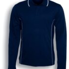 Long-sleeve navy polo shirt with a collar and buttons, featuring white piping along the shoulders and sides. Text below reads Navy / White.