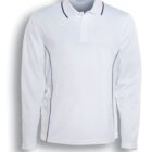A long-sleeve white polo shirt with a navy collar lining. It features subtle navy stitching along the sides. The shirt is buttoned at the collar and has a tailored fit. A shadow is visible on the left side. Text reads White / Navy.