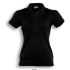 A black, short-sleeve polo shirt with a collar and buttoned placket is displayed against a white background. The shirt has a fitted silhouette and is labeled Black at the bottom.