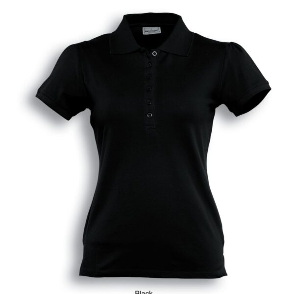 A black short-sleeved polo shirt with a collar and a button placket. The shirt is displayed against a white background.