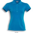 A cyan blue polo shirt with short sleeves and a button-up collar, displayed on a white background.
