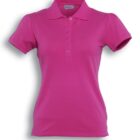 A magenta womens polo shirt with short sleeves and a buttoned collar is displayed against a white background. The shirt features a fitted silhouette and five buttons down the front.