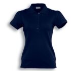 A navy blue short-sleeve polo shirt with a button-up collar is displayed on a white background. The label inside the collar is visible, and the word Navy is printed below the shirt.