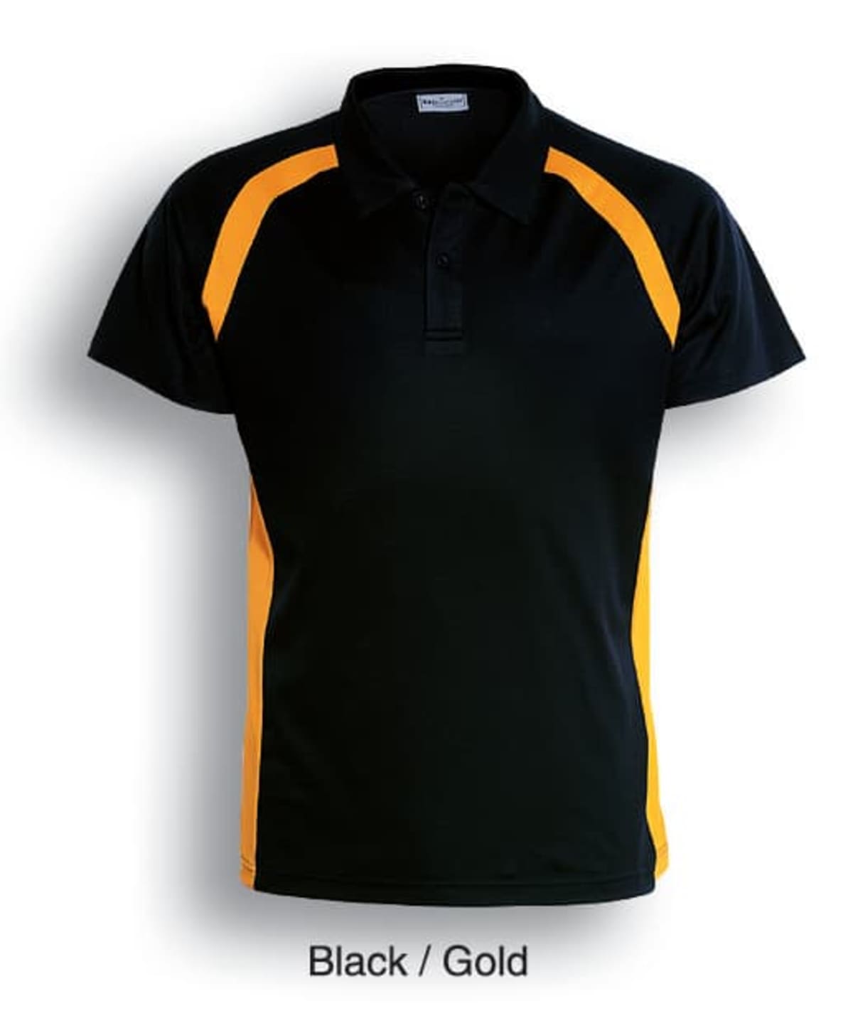 A short-sleeve polo shirt in black with gold accents on the sleeves and sides. The shirt has a collar and three buttons. Text below reads Black / Gold.