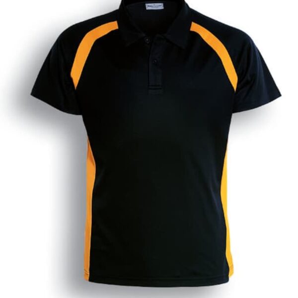 Black polo shirt with gold diagonal stripes on the shoulders and sides. The shirt has a collar and buttons, displayed on a white background with a Black/Gold color description underneath.