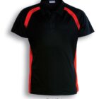 A black polo shirt with red side panels and shoulder stripes, displayed against a white background. The collar and buttons are black, and the text below reads Black / Red.