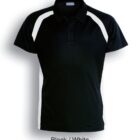 A black short-sleeved polo shirt with white side panels and shoulder stripes. The shirt features a collar and three buttons. Text below reads Black / White.