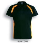Short-sleeve polo shirt in dark green with bright gold side and shoulder panels, displayed against a white background. The text below reads Bottle / Gold.