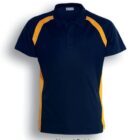 Navy blue polo shirt with gold accents along the shoulders and sides. Label reads Navy / Gold.