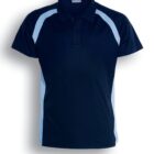 A navy polo shirt with sky blue side panels and short sleeves. It has a collar with buttons. The text below reads Navy / Sky Blue.
