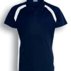 Navy blue polo shirt with white shoulder and side stripes. Displayed against a plain background, labeled Navy / White at the bottom.