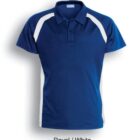 A royal blue polo shirt with white accents on the shoulders and sides is displayed against a white background. The shirt has a collar and buttons. Text below reads Royal / White.