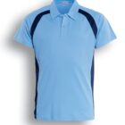 A short-sleeve polo shirt in sky blue with navy accents on the shoulders and sides. It has a classic collar and a three-button placket. The text underneath reads Sky Blue / Navy.