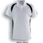 White and black short-sleeved polo shirt on a plain background. The shirt features black side panels and shoulder accents. A collar and a partial button placket are visible. Text below reads White / Black.