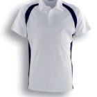 Short-sleeve white polo shirt with navy accents on the sides and shoulders. Text below reads White / Navy.
