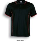 Black polo shirt with red trim on the sleeves, collar, and side seams. The shirt has a buttoned neckline. Text below reads Black / Red.