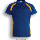 Blue polo shirt with yellow accents along the shoulders and sides. Labeled Royal / Gold.