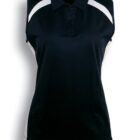 A sleeveless black sports polo shirt with white shoulder stripes and side panels. The shirt has a collar and three buttons. Text below reads Black / White.