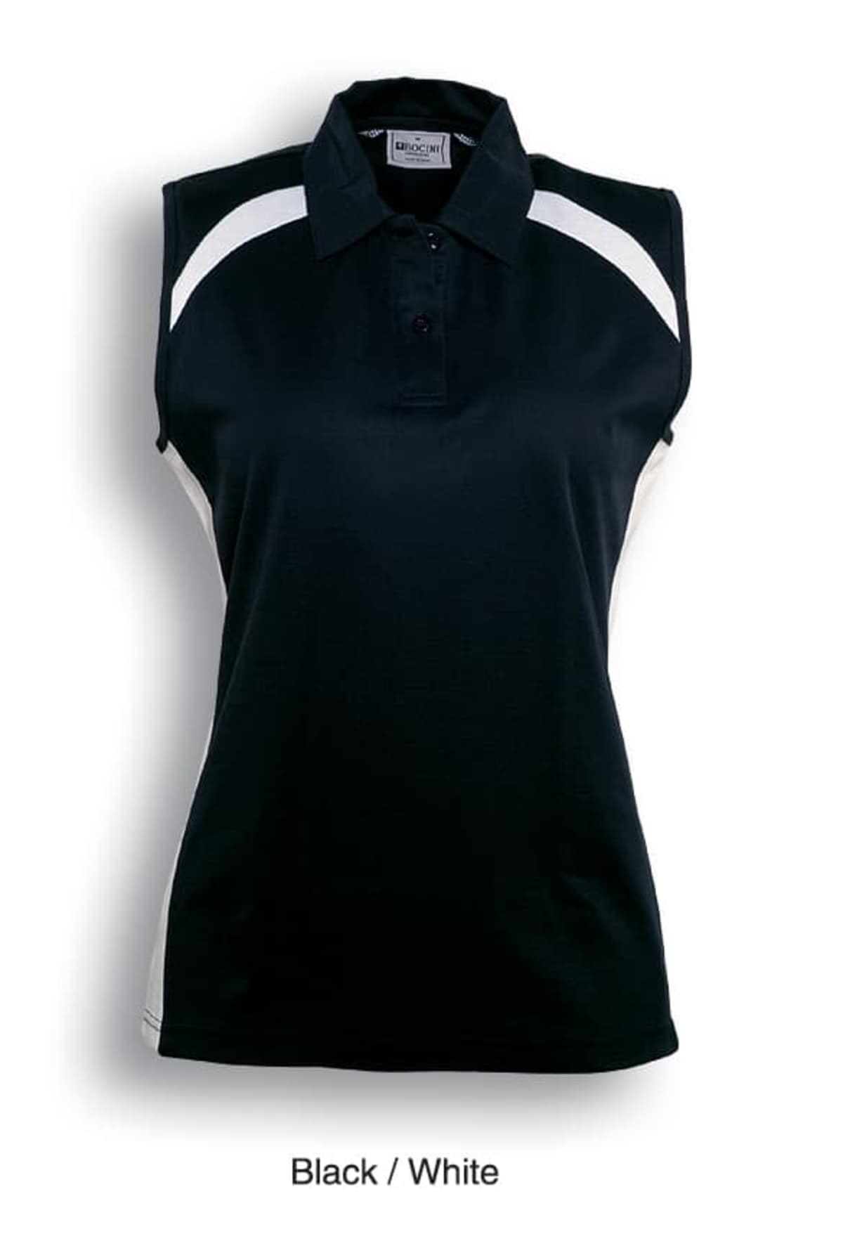 A sleeveless black sports polo shirt with white shoulder stripes and side panels. The shirt has a collar and three buttons. Text below reads Black / White.