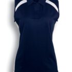 Sleeveless polo shirt in navy blue with white shoulder accents and side panels, displayed on a plain white background. The text below reads Navy/White.