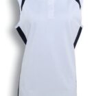 Sleeveless white polo shirt with a collar and button placket, featuring navy blue accents along the shoulders and sides. Text below reads White / Navy.