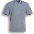 A grey marle polo shirt with navy trim on the collar and sleeve edges. It has a chest pocket and three buttons below the collar. The text below reads Grey Marle / Navy.