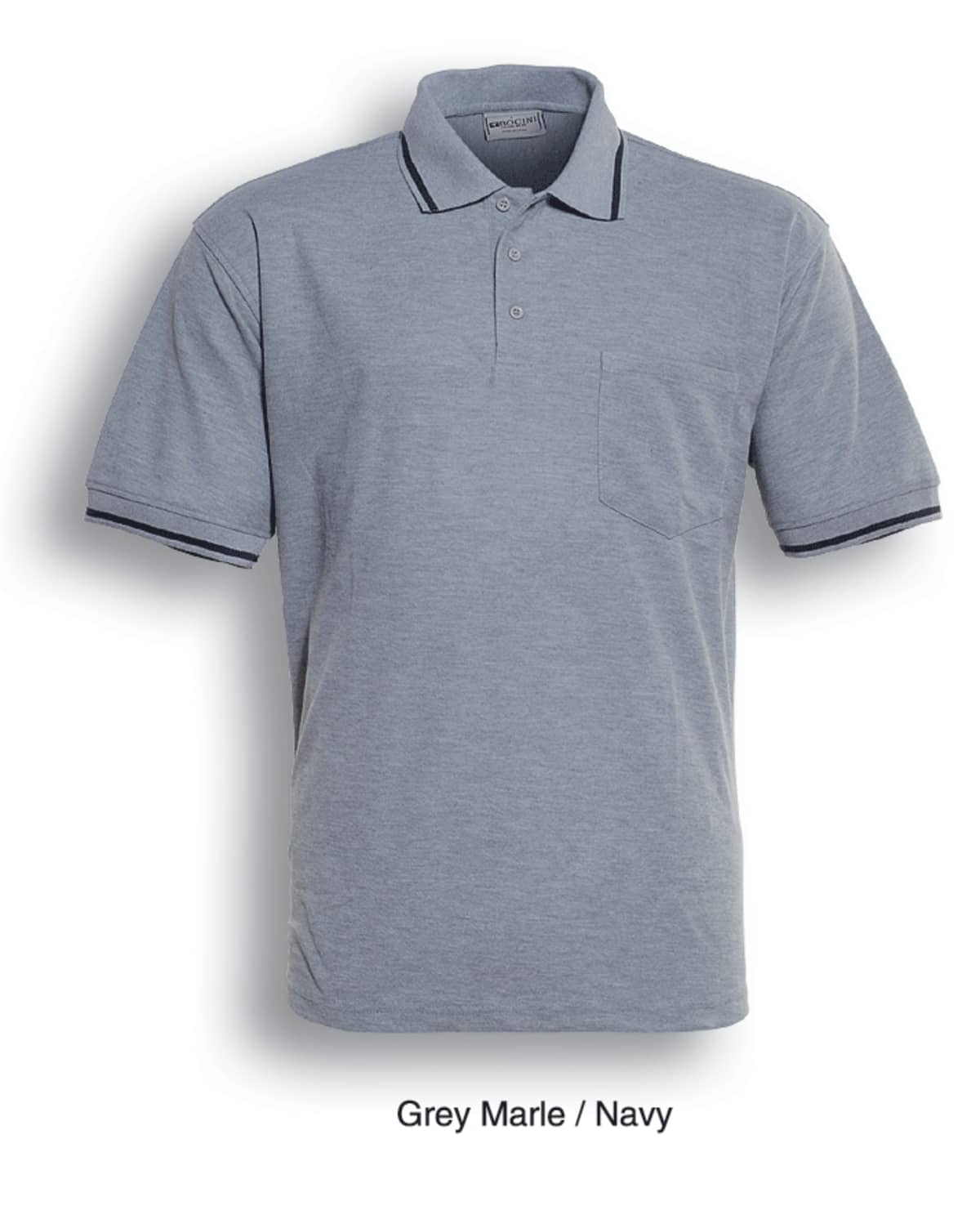 A grey marle polo shirt with navy trim on the collar and sleeve edges. It has a chest pocket and three buttons below the collar. The text below reads Grey Marle / Navy.
