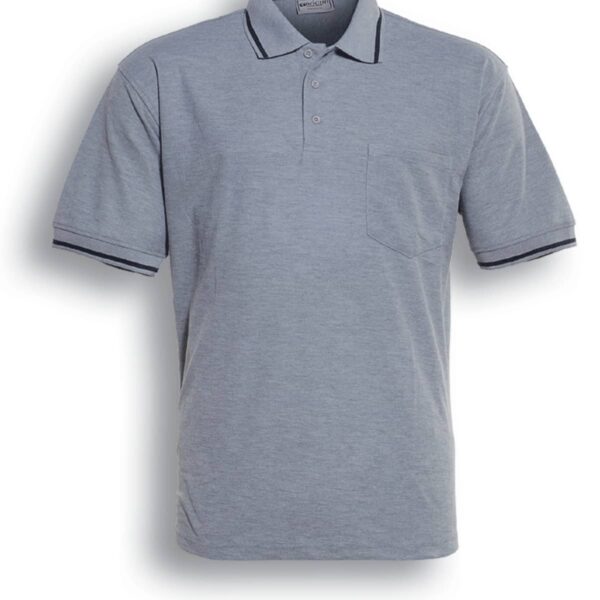 A grey marle polo shirt with a collar and short sleeves. It features subtle navy trimming on the collar and sleeves, a buttoned placket, and a chest pocket. The text below reads Grey Marle / Navy.