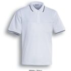 White short-sleeved polo shirt with navy trim on the collar and sleeve edges. It features a front pocket and buttoned placket. The shirt is displayed against a plain background.
