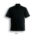 A black short-sleeve polo shirt with a classic collar and three buttons. The image background is plain white. The word Black is written below the shirt.