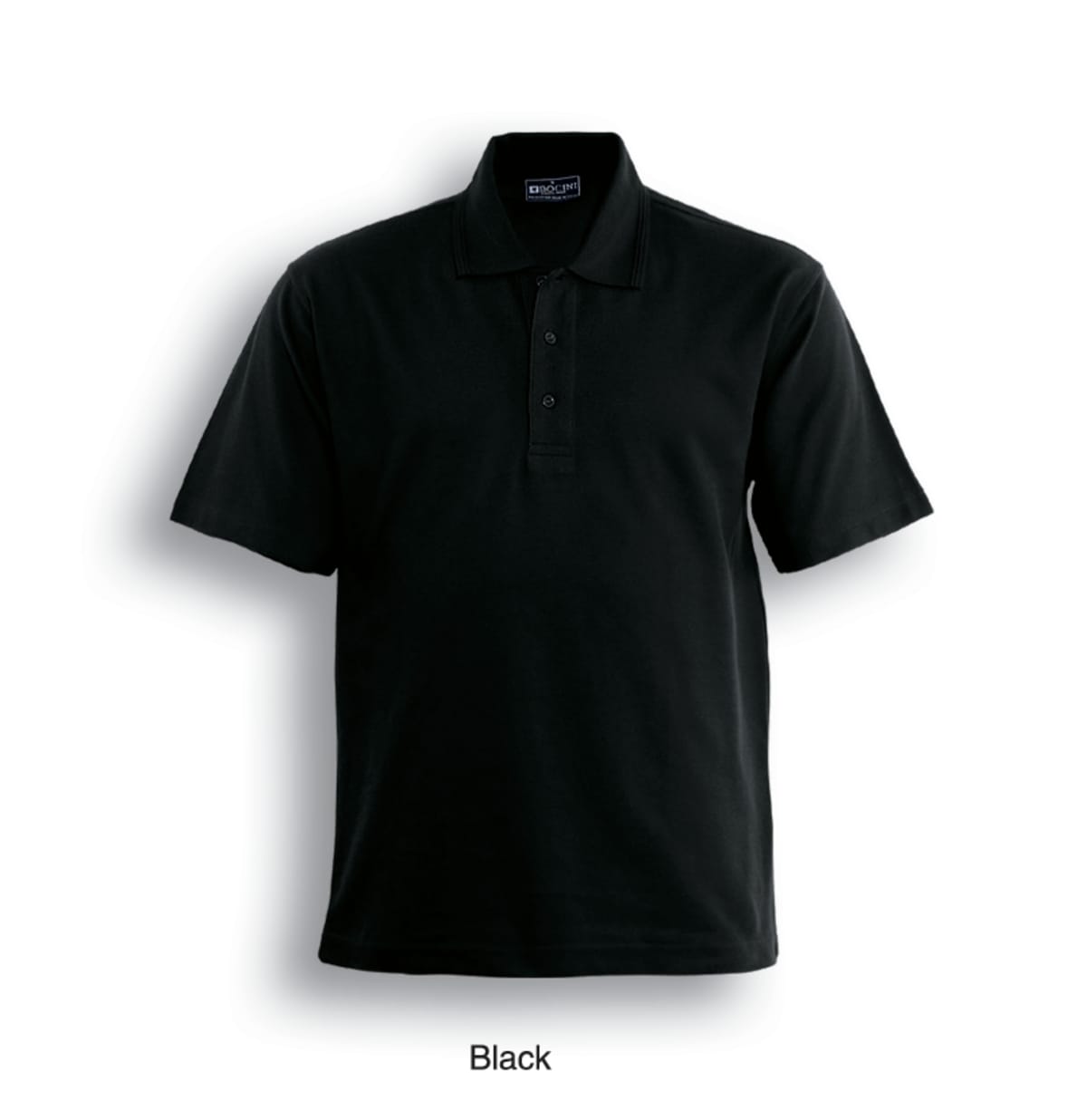 A black short-sleeve polo shirt with a classic collar and three buttons. The image background is plain white. The word Black is written below the shirt.