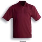 A plain burgundy polo shirt with short sleeves and a collar. The shirt features a three-button placket. The word Burgundy is written below the shirt.