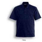 Navy blue polo shirt with short sleeves, a collar, and a three-button placket. Labeled Navy at the bottom.
