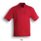 A red polo shirt with short sleeves and a collar is displayed against a plain white background. The shirt is labeled Red beneath it.